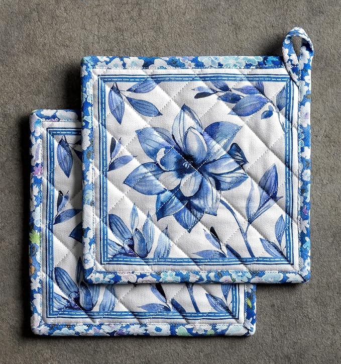 Maison d' Hermine Pot Holders Set 100% Cotton Heat Resistant Potholders 8" x 8" Hot Pads with Loop BBQ, Cooking, Baking, Grilling, Kitchen, Handling Hot Pans Spring/Summer (Pack of 2, Summer Blues)