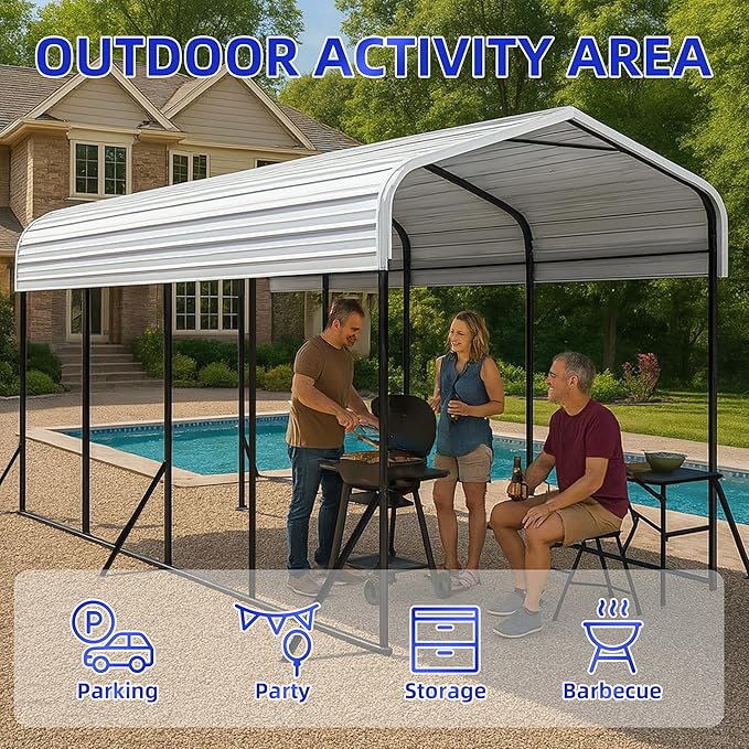 12x20 Metal Carport with Base Fixings Heavy Duty Garage Outdoor Chrome Plated Frame and Sheet Metal Construction Suitable for Boats, Cars, Tractors and Agricultural Equipment, White