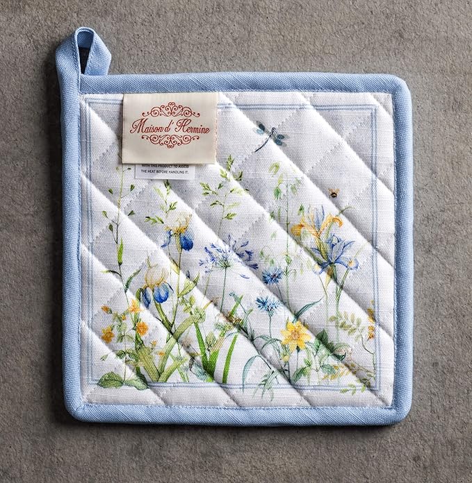 Maison d' Hermine Pot Holders Set 100% Cotton Heat Resistant Potholders 8" x 8" Hot Pads with Loop BBQ, Cooking, Baking, Grilling, Kitchen, Handling Hot Pans Spring/Summer (Pack of 2, Fleurs De Mai)