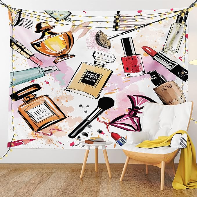 Ambesonne Fashion Tapestry, Cosmetic and Makeup Theme Pattern Perfume Lipstick Nail Polish Brush Modern, Fabric Wall Hanging Decor for Bedroom Living Room Dorm, 28" X 23", Coral White