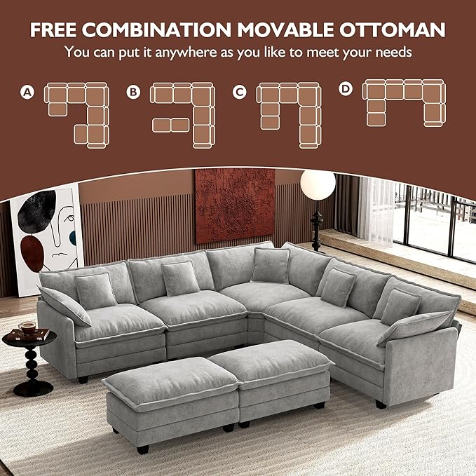Ihanherry 114" V-Shaped Modern Sofa Modular Sectional Cloud Couch with 2 Ottoman, 7-Seat Chenille Deep Seat Sofa with Corner Section for Living Room, Bedroom and Apartment, Grey