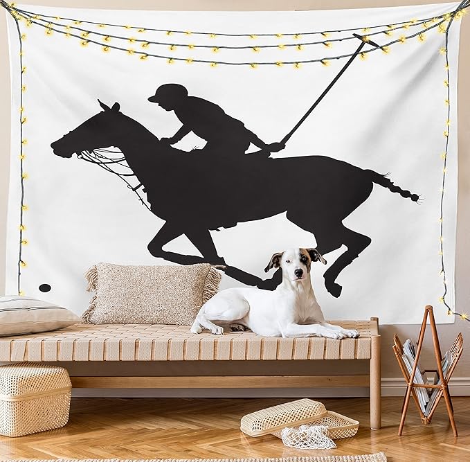 Ambesonne Sports Tapestry Queen Size, Silhouette Illustration of Polo Player on a Horse Hitting a Ball Print, Wall Hanging Bedspread Bed Cover Wall Decor, Queen Size, Charcoal Grey
