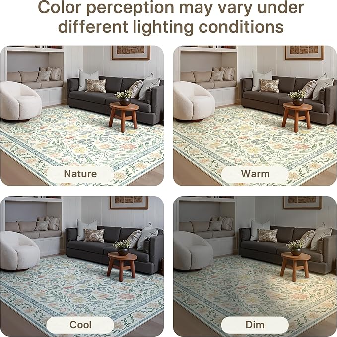 GENIMO 5x7 Washable Area Rug, Non-Slip Vintage Boho Floral Carpet, Soft Low-Pile Thin Bedroom Rug for Living Room, Dining Room, Nursery, Green