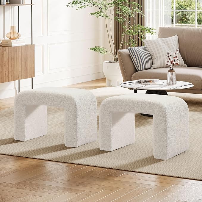 Tribesigns Foot Rest for Couch, Modern Faux Sherpa Ottoman Foot Stool, Large Boucle Vanity Stool Chair, Arched Shoe Bench or Entryway, Upholstered Extra Seating for Living Room, Fully Assembled, White