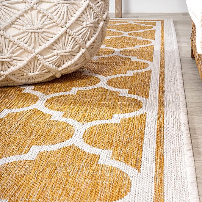 Eyely BMS109F-28 Santa Monica Trebol Moroccan Trellis Textured Weave Indoor/Outdoor Runner Rug Coastal;Bohemian, Bedroom, Backyard, Patio, Easy-Cleaning, Non-Shedding, 2 X 8, Yellow/Cream