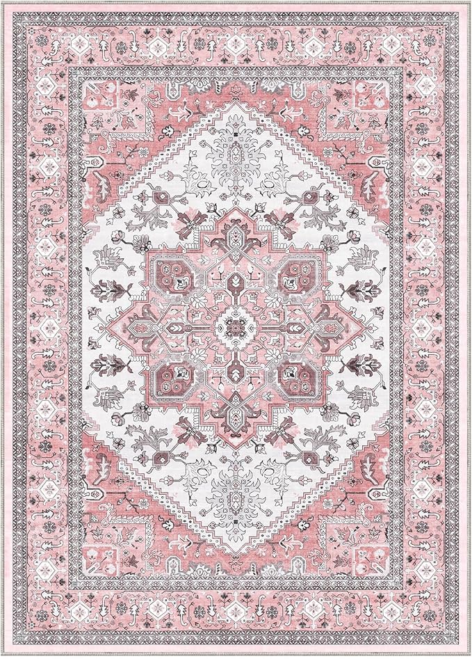 OPPODREAM Thin 10x14 Area Rugs, Washable Rugs 10x14 with Non Slip Backing, Low-Pile Faux Cashmere 10 x 14 Carpet, Pink & Cream