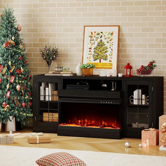 CharaVector 63 inch Fireplace TV Stand for TVs up to 75" with 30" 3-Sided Electric Fireplace, Farmhouse Entertainment Center with Glass Doors & Storage Cabinet, Black