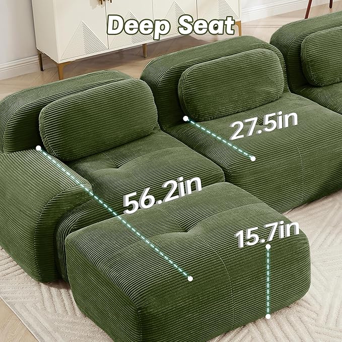 80" Modern Corduroy Boneless Love Seat Couches with 1 Ottoman, 2 Seater Large Sectional Couches for Living Room, Green Cloud Modular Sectional Sofa, Memory Foam, Extra Deep Loveseat, No Assembly