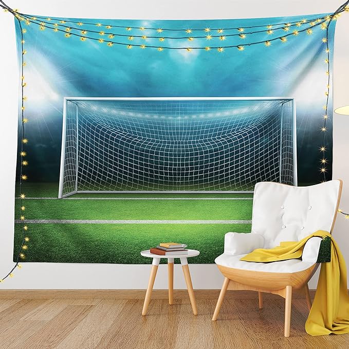 Ambesonne Soccer Tapestry Queen Size, Soccer Goal Post Sports Area Winner Loser Line Floodlit Best Team Finals Game Theme, Wall Hanging Bedspread Bed Cover Wall Decor, Queen Size, Green and Blue