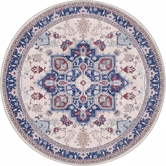 OPPODREAM Thin Round Rug 4ft, Washable Circle Rug 4ft with Non Slip Backing Play Room, Low-Pile Carpet 4 ft, Small Faux Cashmere Throw Carpet, Navy Blue & Red & Cream