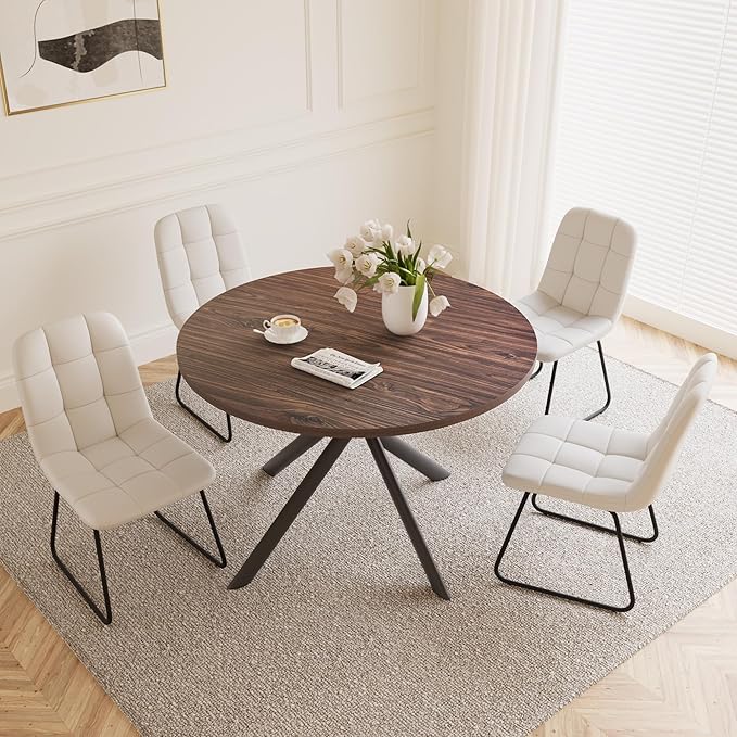 45.3 Inch Round Dining Table Set for 4, Mid Century Modern Small Coffee Set for Dining Room Kitchen Apartment (Walnut Table + 4 U-Shaped White Chairs)
