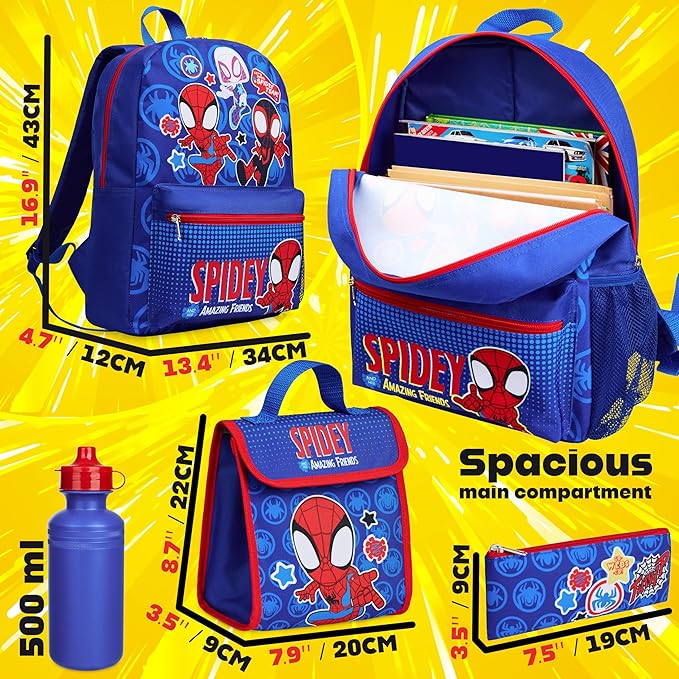 Marvel Spiderman Backpack Set 4 Pcs Water Bottle Pencil Case Lunch Bag or Wallet Key Ring School Supplies Gifts for Kids (Spidey)