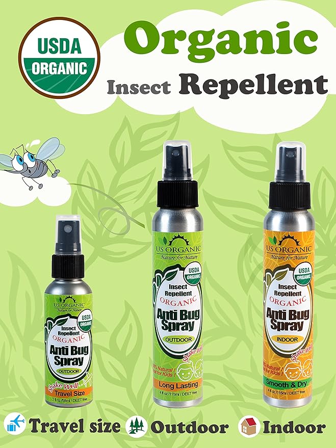 US Organic Mosquito Repellent Anti Bug Outdoor Pump Spray, 4 oz, Certified Organic, DEET-Free, Natural Insect Protection for Camping, Hiking, Travel