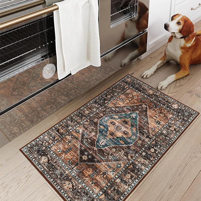 Lahome Door Rugs for Entryway Indoor - 2x3 Washable Stain Resistant Kitchen Rug Rubber Backing Ultra-Thin Small Door Mats Indoor Entrance, Vintage Print Throw Rug for Bathroom Bedroom