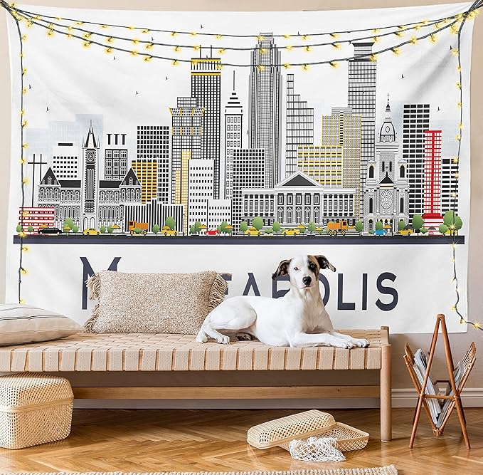 Ambesonne Minnesota Tapestry, Elevation of a Street in Minneapolis Image with High Detailed Facades, Fabric Wall Hanging Decor for Bedroom Living Room Dorm, 30" X 45", White Grey