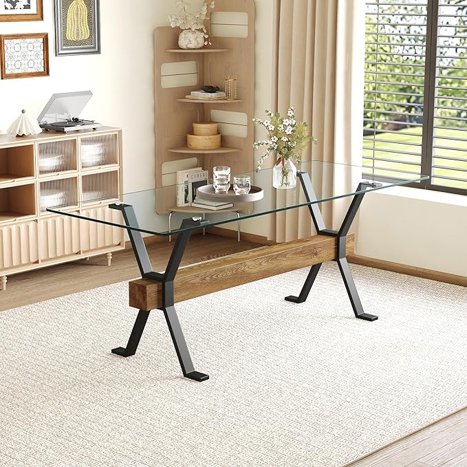 79" Glass Dining Table, Modern Kitchen Table, Modern Dining Table for 8, 0.4" Thick Tempered Glass Tabletop with Matte Black Metal Legs and Wooden Crossbar, Ideal for Dining Room, Kitchen