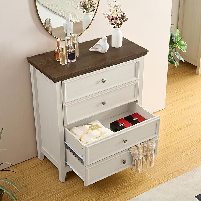 Antique White Dresser for Bedroom 4 Drawers Dresser,4 Chest of Drawers Storage Cabinet for Living Room,Filing Cabinet for Home Office