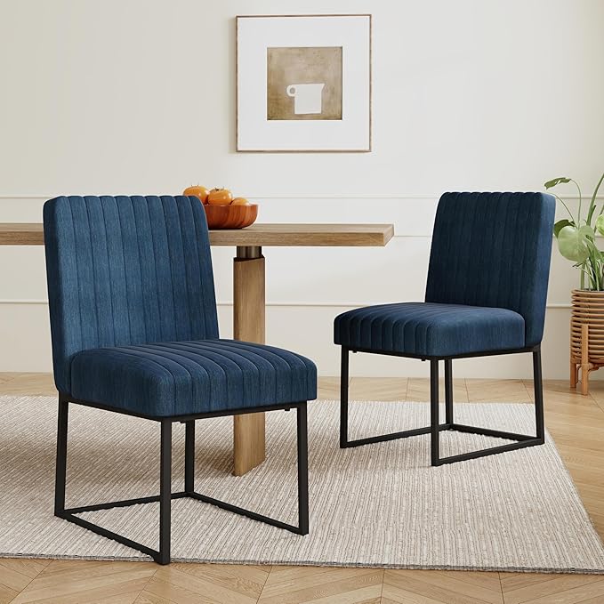 VKNOW Upholstered Dining Chairs Set of 6, Modern Dining Room Chairs with Stripe, Linen Kitchen Chair Dinner Chair with Black Metal Base for Kitchen Office, Blue