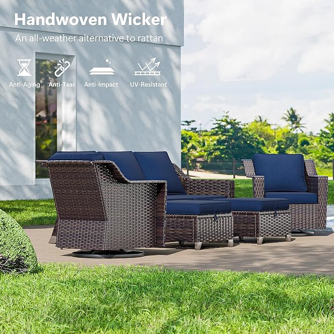 8 Pieces Wicker Patio Furniture, Luxury Outdoor Furniture with 2 Patio Swivel Chair, 2 Patio Chair, 3-Seater Sofa, 2 Patio Ottoman and 1 Side Table, Wide Armrest, Thickened Cushions