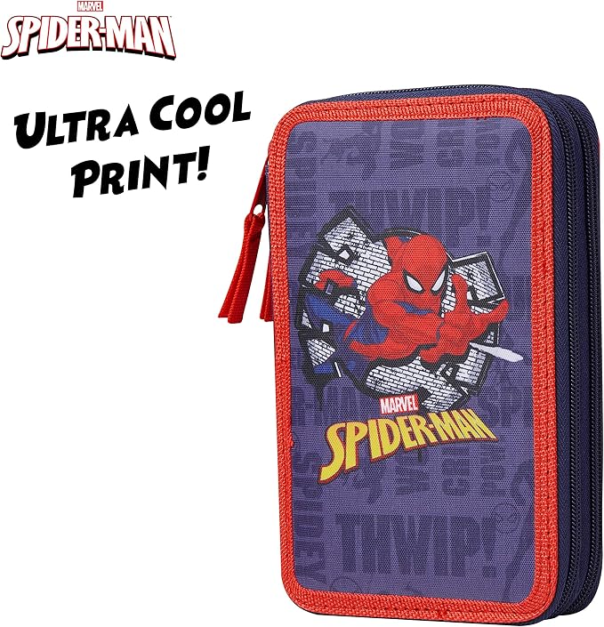 Marvel Boy's Pencil Case, Pencil Case with Compartments Filled School Supplies, Felt, Coloured Pencil, Spiderman Avengers Back to School Gift