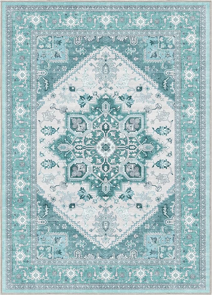 OPPODREAM Thin Area Rugs 5x7, 5x7 Washable Rug with Non Slip Backing, 5 x 7 Faux Cashmere Low-Pile Carpet, Teal & Turquoise & Cream