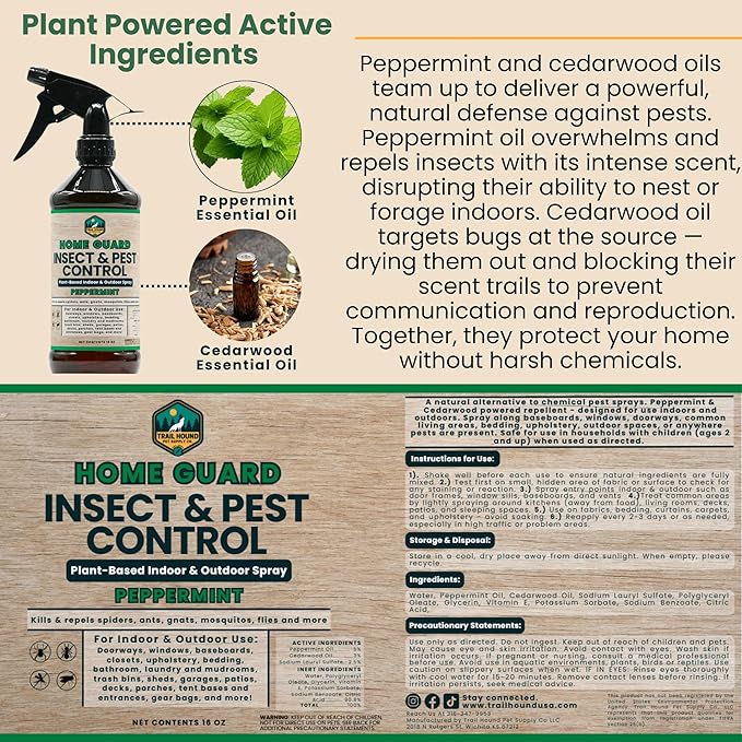 Home Guard - Peppermint Insect & Pest Control Spray - Natural Peppermint Oil Spray For Bugs - Plant-Based Indoor & Outdoor Spider Spray - Safe Around Kids & Pets - Ant Killer - Cockroach Killer - 16oz