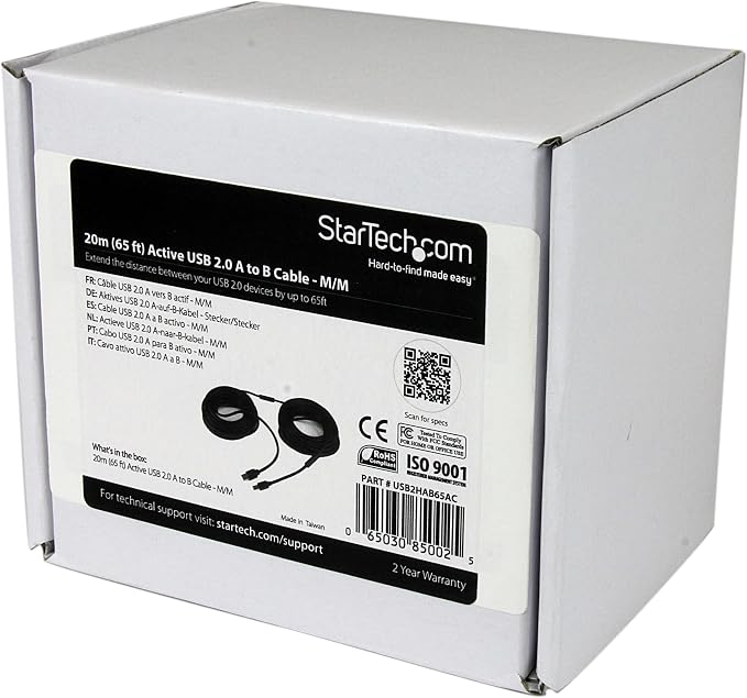 StarTech 30ft Active USB 2.0 Cable USB-A to USB-B Black (USB2HAB30AC) | Printer cable Cord Extension Male to Male Built-in equalizing chip for 30ft USB 2.0 connections