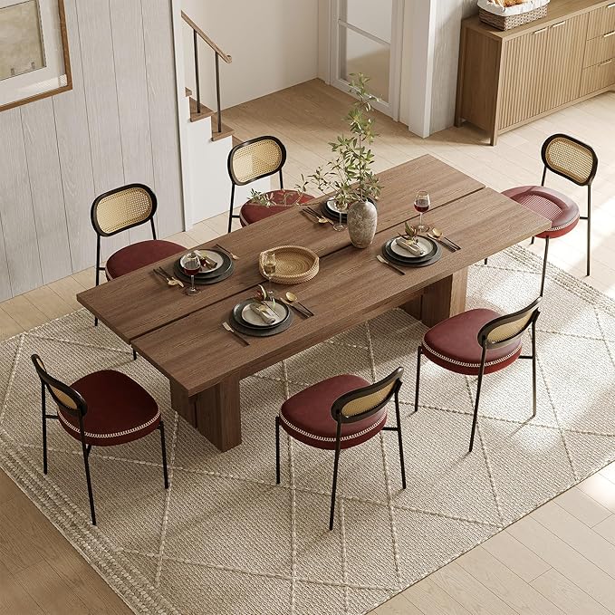 Rattan Dining Chairs Set of 2, Wine Leather Upholstered Dining Chairs with Rattan Cane Back, Mid Century Modern Dining Room Chairs with Black Metal Legs & D-Shaped Thicken Cushion, Wine