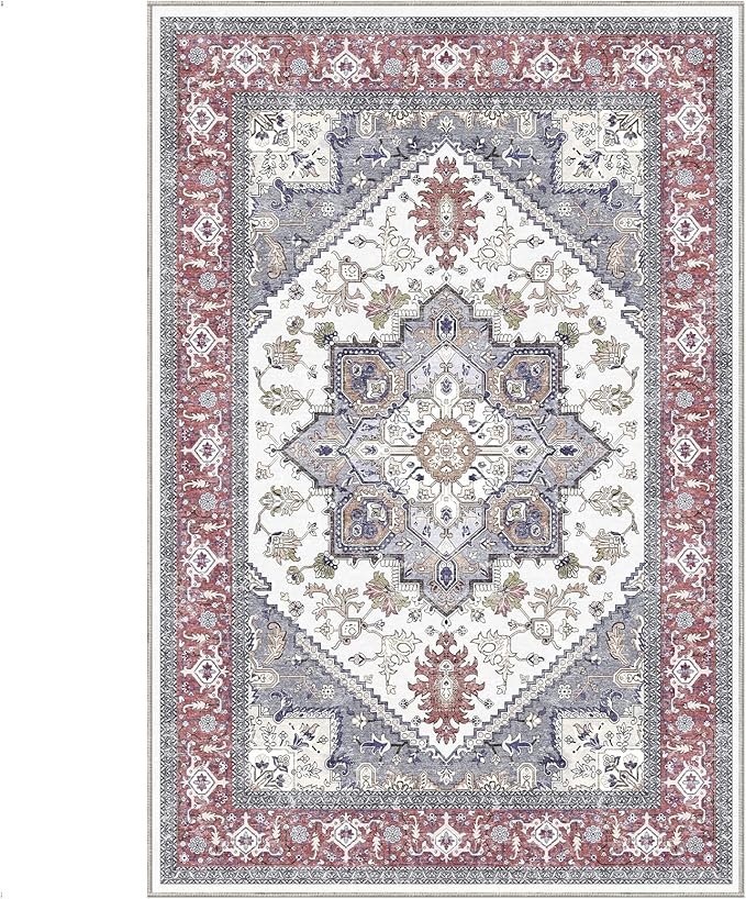 OPPODREAM Thin 6x9 Area Rugs, Washable Rug 6x9 with Non Slip Backing, Faux Cashmere Low-Pile 6 x 9 Carpet, Red & Grey