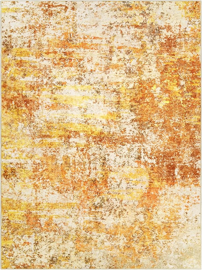 Washable Area Rugs for Living Room - 9x12 Abstract Modern Rug Neutral Soft Rug Stain Resistant Non-Shedding No Slip Low Pile Large Carpet for Bedroom Dining Room Nursery Home Office - Orange/Gold