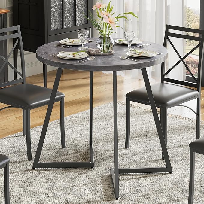 VECELO 35" Round Dining Table for 4, Wood-Grain Tabletop & Heavy-Duty Steel Frame, for Kitchen, Living Room, Easy Assembly, Dark Grey