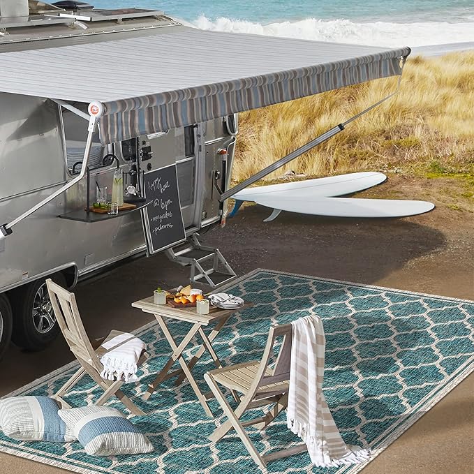 Eyely BMS109E-9 Santa Monica Trebol Moroccan Trellis Textured Weave Indoor/Outdoor Area Rug Coastal;Bohemian, Bedroom, Backyard, Patio, Easy-Cleaning, Non-Shedding, 9 X 12, Teal/Gray