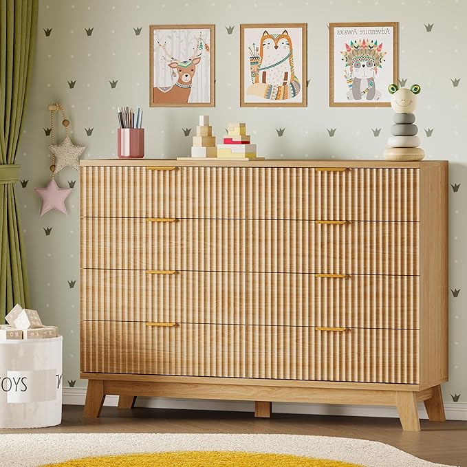 53" Tall Dresser for Bedroom, 8-Drawer Fluted Chest of Drawers, Modern Wood Highboy with Metal Slides and Handles, Anti-Tip Kit, Vertical Clothes Storage Organizer for Apartment, Closet