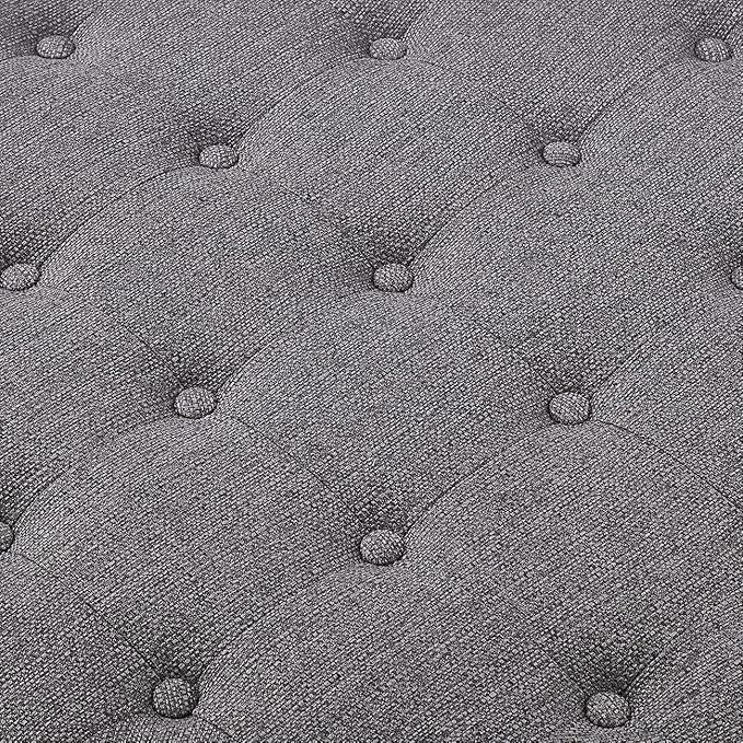 24KF Large Round Upholstered Tufted Linen Ottoman Coffee Table, Large Footrest Ottoman with Wood Shelf Storage-Granite