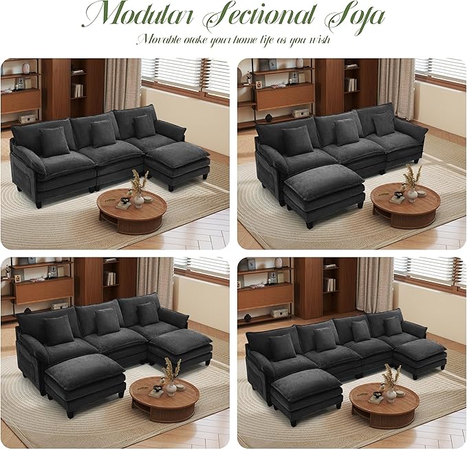 Modular Sectional Sofa, Comfy Cloud Couch with Movable Ottoman, Deep Seat Couches for Living Room, Bedroom and Apartment, 140" U Shaped Modern Sofa with Pillows, Black