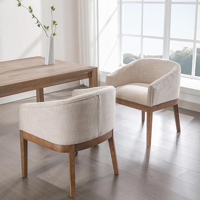 Beige Mid Century Modern Dining Chairs Set of 4, Farmhouse Linen Upholstered Accent Curved Backrest Kitchen Chairs Armchairs with Natural Wood Legs, Beige