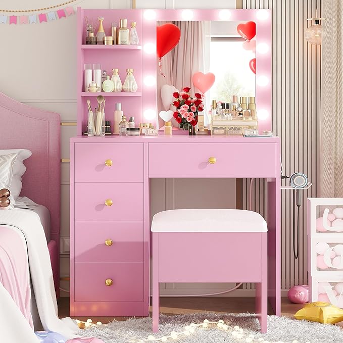 IRONCK Vanity Desk with Mirror and Lights, Small Makeup Vanity Table with 5 Drawers, Power Outlet, and Vanity Stool, 3 Lighting Colors, Dressing Table for Women Girls Bedroom, Pink