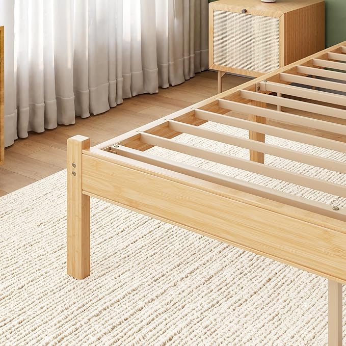 ZIYOO Solid Bamboo Wood Twin XL Bed Frame with Storage Headboard, 14 inch Platform Twin XL Bed Frames No Box Spring Needed with Steel Slats, Sturdy and Stable, Easy Assembly, Noise Free