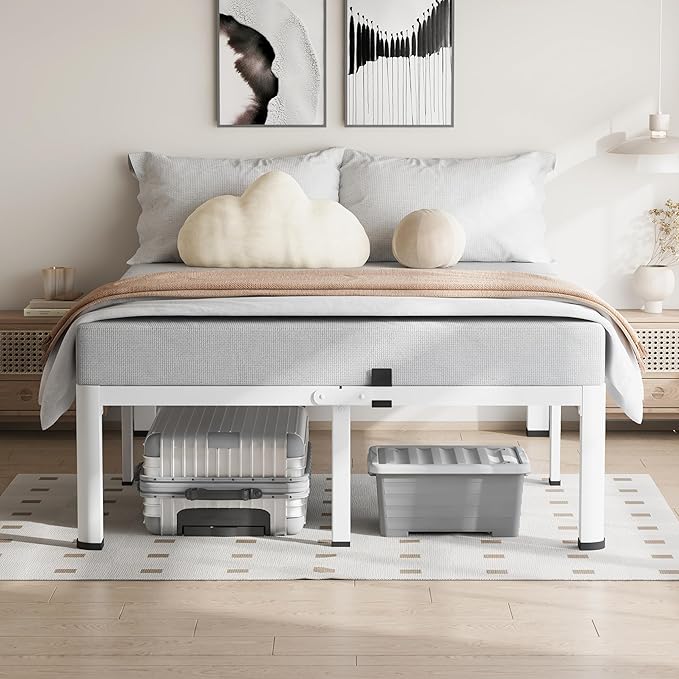 18 Inch Queen Size White Bed Frame, 3500Lbs Heavy Duty Metal Platform with Round Corner Legs Mattress Slide Stopper, Steel Slat Support No Box Spring Needed, Noise Free, Easy Assembly