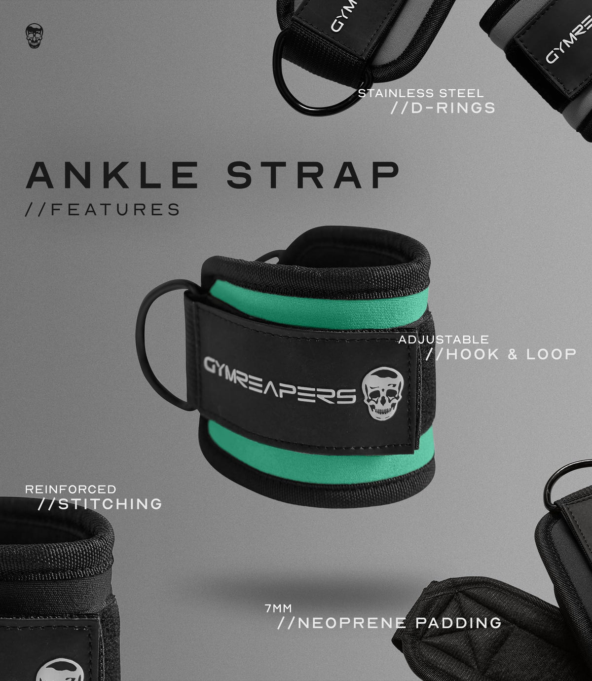 Gymreapers Ankle Straps (Pair) For Cable Machine Kickbacks, Glute Workouts, Lower Body Exercises - Adjustable Leg Straps with Neoprene Padding (Mint, Pair)