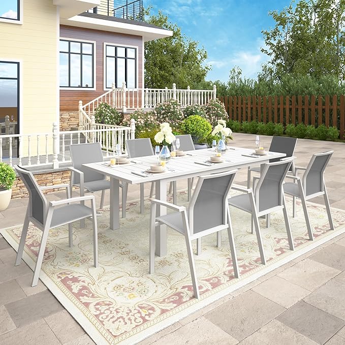 9 Piece Aluminum Outdoor Patio Dining Sets with Fully Assembled Dining Chair,91.3"L×39.4"W Expandable Patio Table and Chairs Set for 8, Stackable Chairs with Quick Drying Fabric, White