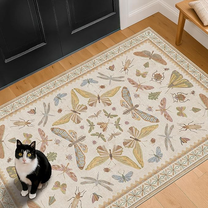 Beige Neutral Small Rugs for Bedroom - 3x4 Throw Rug for Large Entryway, Kitchen, Nursery Room, Insect Print Floral Non-Slip Accent Rug Low Pile Stain Resistant