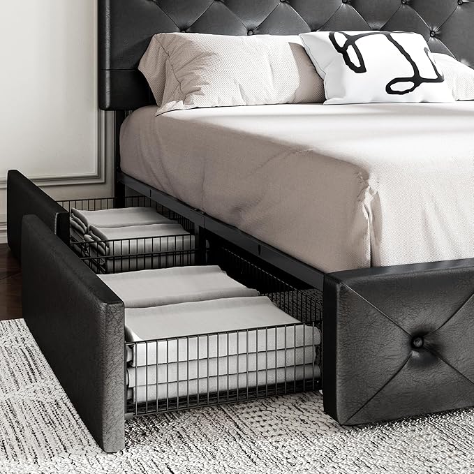 MUTICOR Queen Size Bed Frame with 4 Storage Drawers, Upholstered Platform Bed with Button Tufted Adjustable Headboard, No Box Spring Needed, Easy Assembly, Diamond Tufted, Black Leather