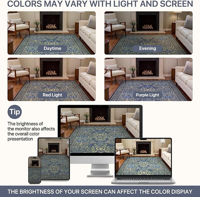 GENIMO 6x9 Washable Area Rug, Non-Slip Vintage Boho Floral Carpet, Soft Low-Pile Thin Living Room Rug for Bedroom, Dining Room, Nursery, Dark Blue