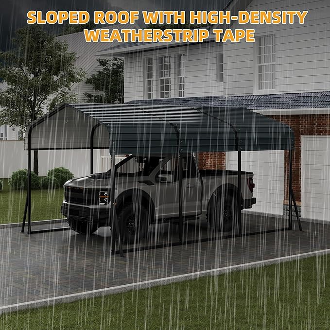 10' x 15' Heavy Duty Metal Carport with Galvanized Steel Roof, Metal Roof Carport with Enhanced Base, Tall Metal Carport Kits Garage for Tractors, Pickup, Boat, Car