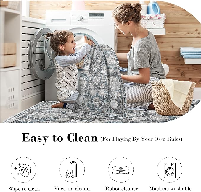 RUGSURE Washable Area Rugs - Perfect for Living Room, Bedroom, Kids Room, Nursery - Stain & Water Resistant Non-Slip, Pet & Child Friendly, Vintage Tribal Area Rugs (Grey and Bule, 2'6'' x 8')
