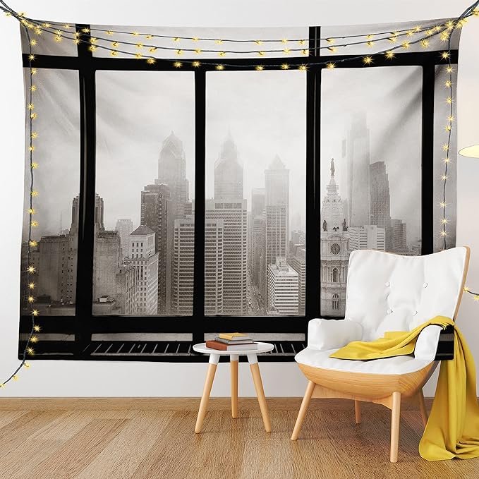 Ambesonne City Tapestry, Philadelphia City Rooftop View Through Window Skyline Landmark Rooftop Travel, Fabric Wall Hanging Decor for Bedroom Living Room Dorm, 45" X 30", Grey Black