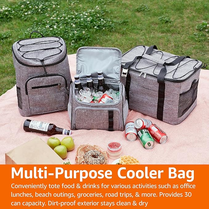 Amazon Basics Insulated Cooler Backpack, Leak-Proof, 30 Can Capacity, Portable Soft Sided Cooler, Keeps Cold for Hours, Gray