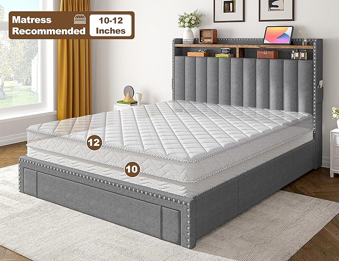 EnHomee Full Size Bed Frame, Upholstered Full Bed Frame with 3 Storage Drawers & 2-Tier Headboard Shelves, 900LBS Heavy Duty, No Box Spring Needed, Easy Assembly, Grey