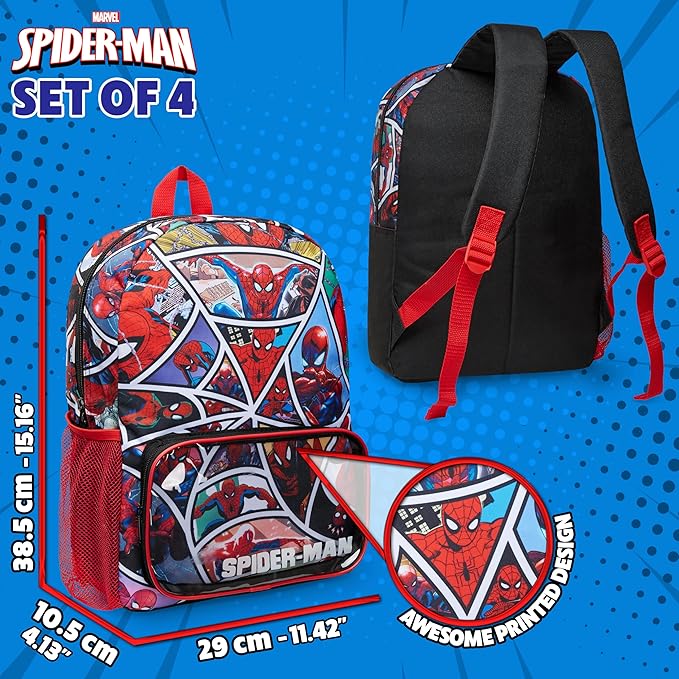 Marvel Spiderman Backpack Set 4 Pcs Water Bottle Pencil Case Lunch Bag or Wallet Key Ring School Supplies Gifts for Kids (Spiderman)